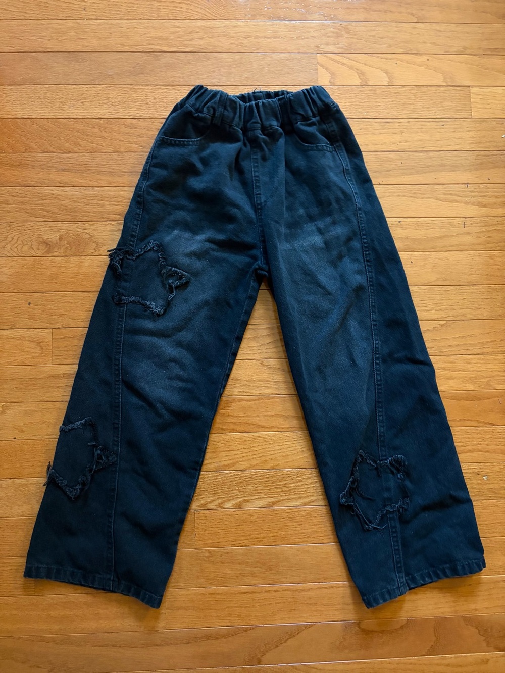 Kids Black Elastic-Waist Distressed Star Patch Pants size 8-10 girls no tag
